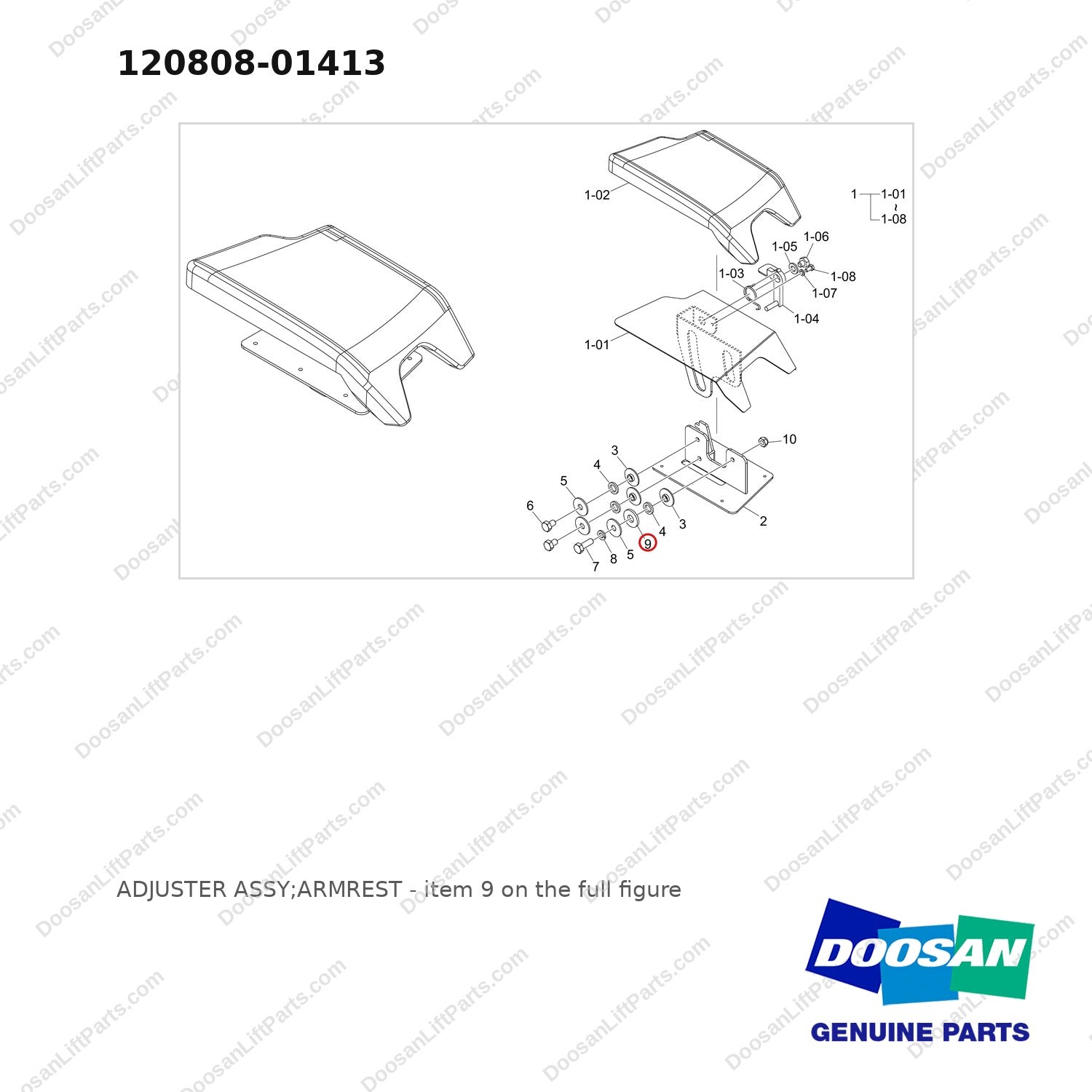 120808-01413 ADJUSTER ASSY;ARMREST - full parts diagram, item 9 marked - genuine Doosan / Bobcat forklift part
