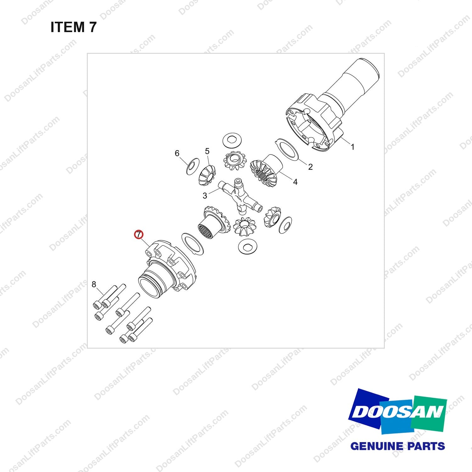 120808-01475 GEAR,DIFFERENTIAL;PAIR - full parts diagram, item 7 marked - genuine Doosan / Bobcat forklift part
