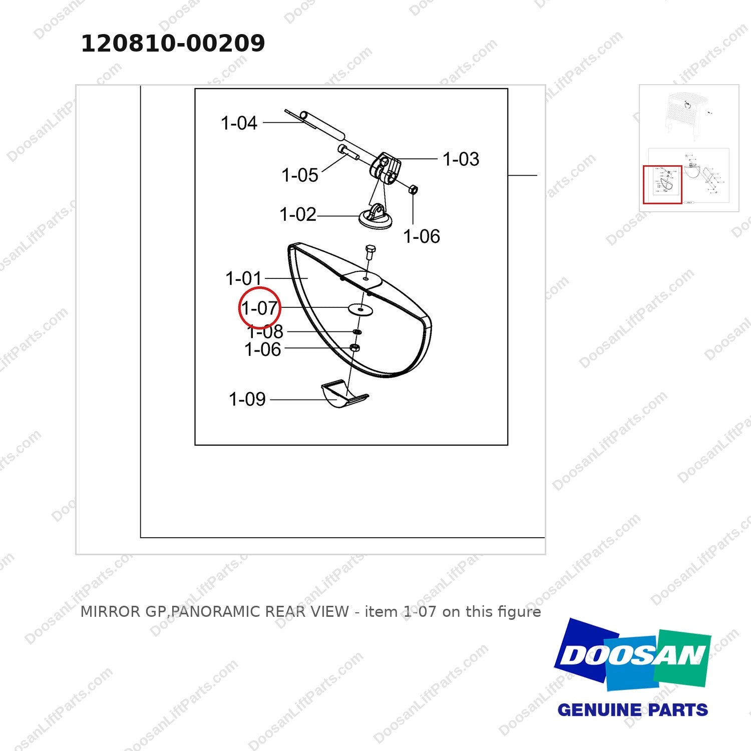 120810-00209 MIRROR GP,PANORAMIC REAR VIEW - parts diagram, item 1-07 shown - genuine Doosan / Bobcat forklift part