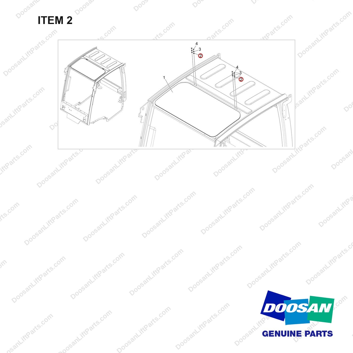 120810-00529 ROOF TOP GLASS;CABIN - full parts diagram, item 2 marked - genuine Doosan / Bobcat forklift part