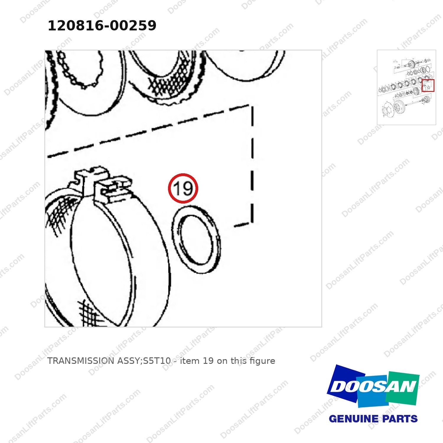 120816-00259 TRANSMISSION ASSY;S5T10 - parts diagram, item 19 shown - genuine Doosan / Bobcat forklift part