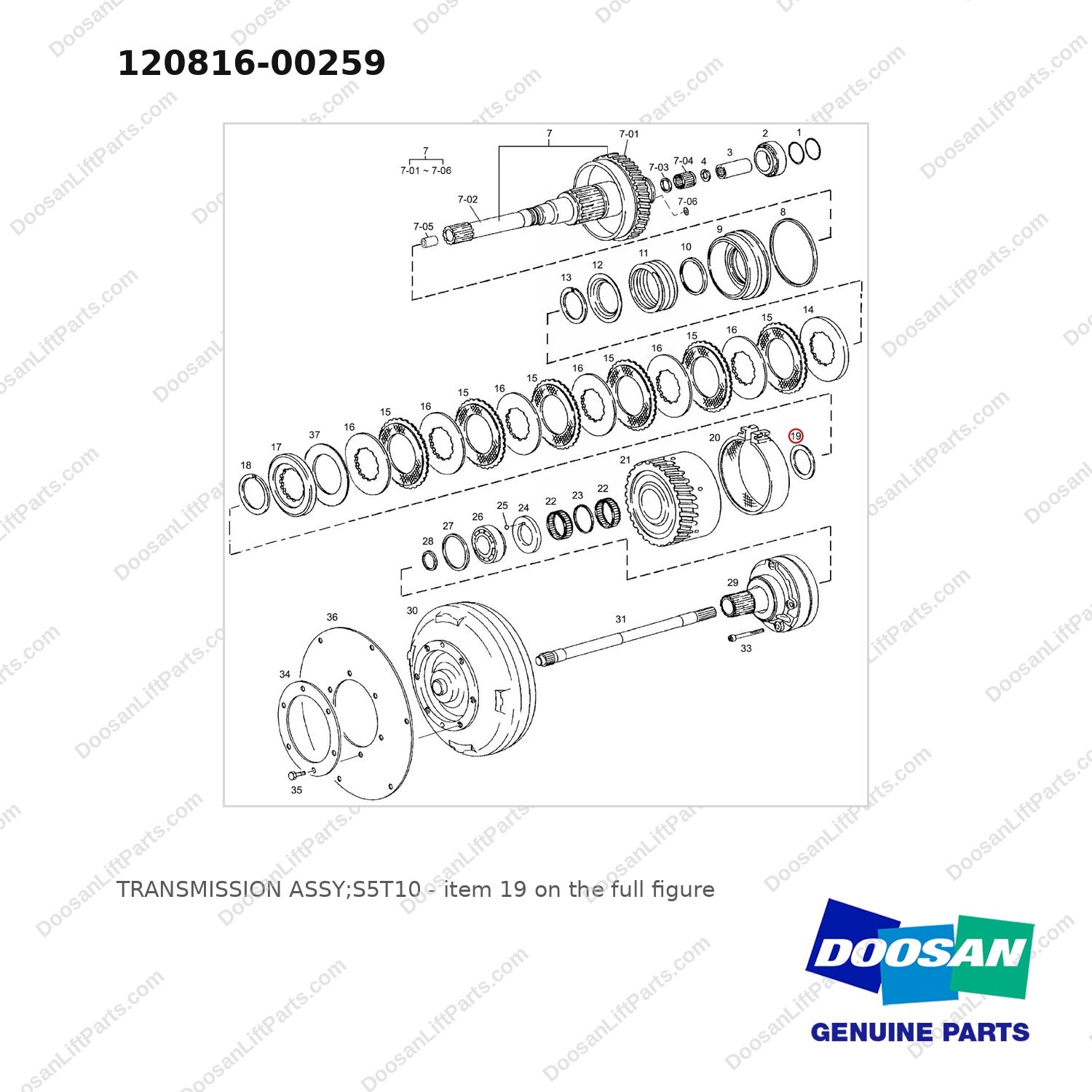 120816-00259 TRANSMISSION ASSY;S5T10 - full parts diagram, item 19 marked - genuine Doosan / Bobcat forklift part