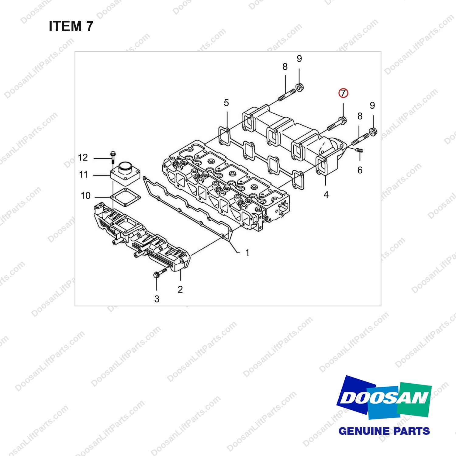 123900-13630 Suction & Exhaust Manifold Gp - full parts diagram, item 7 marked - genuine Doosan / Bobcat forklift part