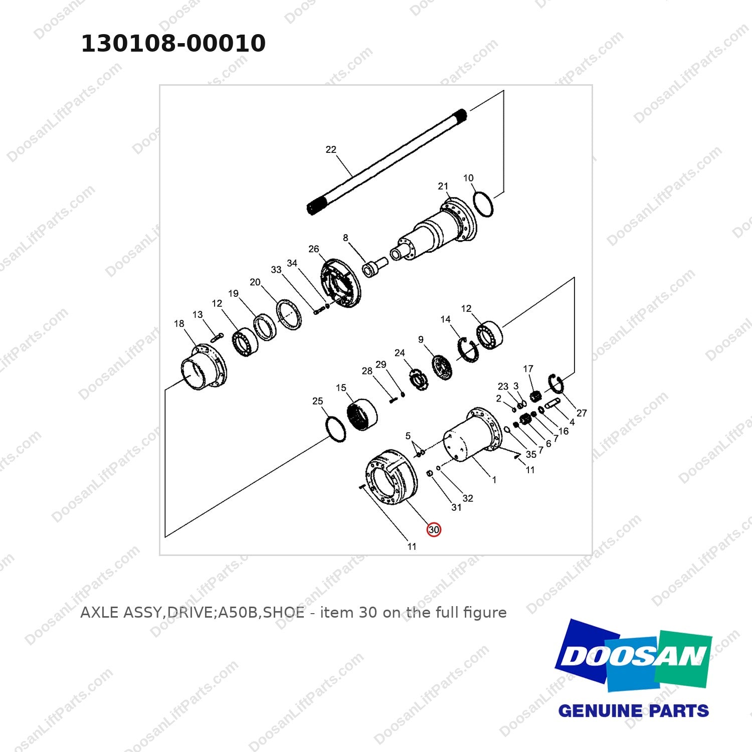 130108-00010 AXLE ASSY,DRIVE;A50B,SHOE - full parts diagram, item 30 marked - genuine Doosan / Bobcat forklift part