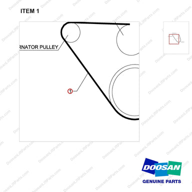 130202-00173 BELT,FAN;GCT K25 CERT ENGINE - parts diagram, item 1 shown - genuine Doosan / Bobcat forklift part