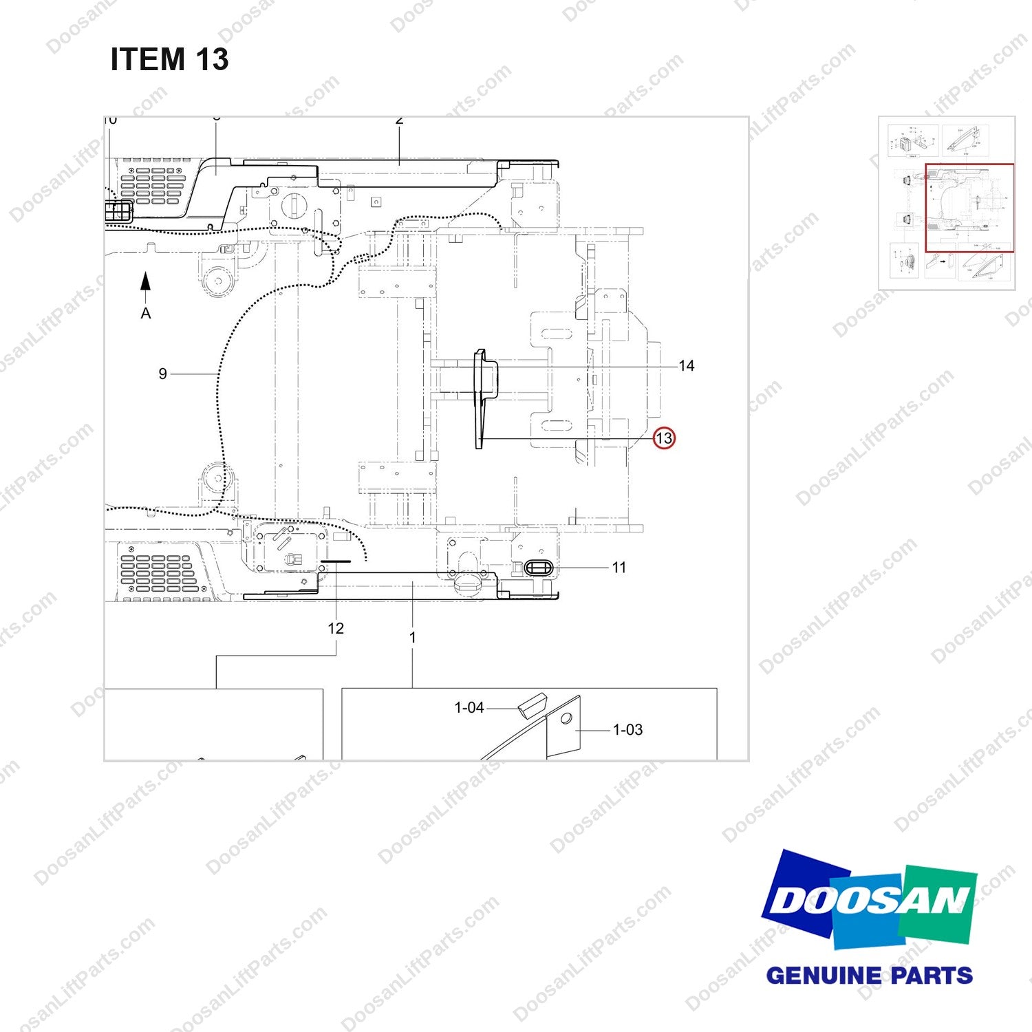 130202-00184 CH/OV AR-CABIN GROUP;LP - parts diagram, item 13 shown - genuine Doosan / Bobcat forklift part