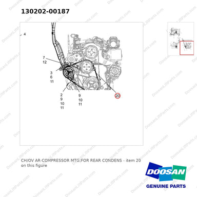 130202-00187 CH/OV AR-COMPRESSOR MTG;FOR REAR CONDENS - parts diagram, item 20 shown - genuine Doosan / Bobcat forklift part
