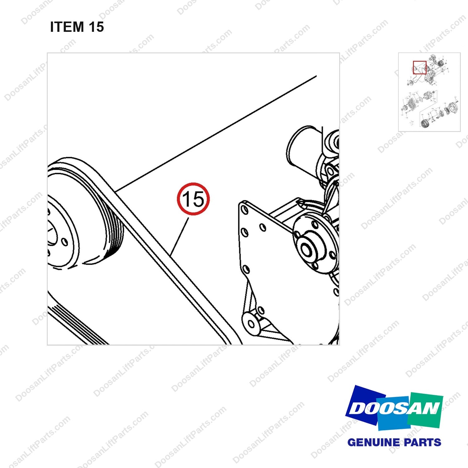 130202-00211 PULLEY & ALTERNATOR GP - parts diagram, item 15 shown - genuine Doosan / Bobcat forklift part