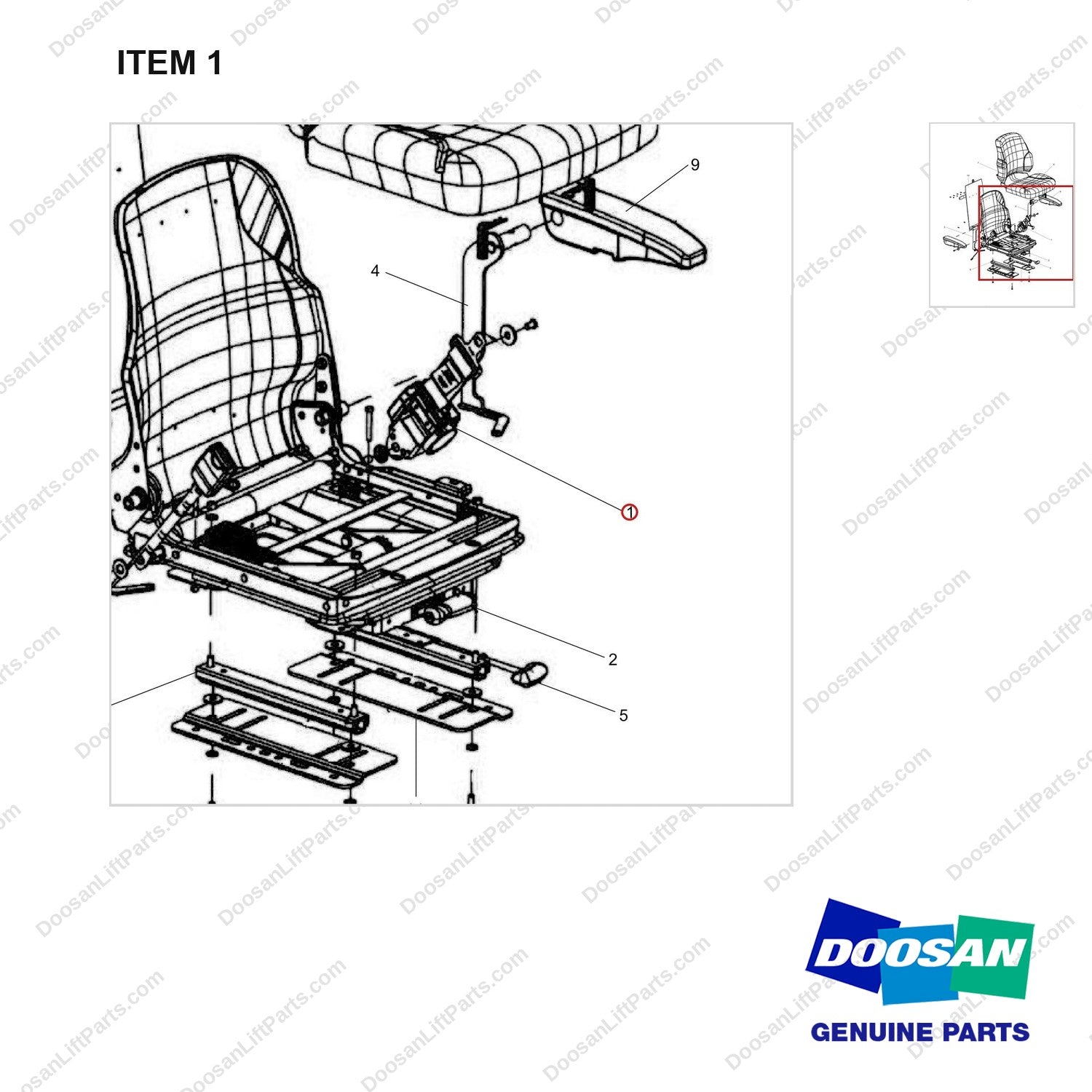 130202-00241BC SEAT;SUS/PVC/ARMREST - parts diagram, item 1 shown - genuine Doosan / Bobcat forklift part