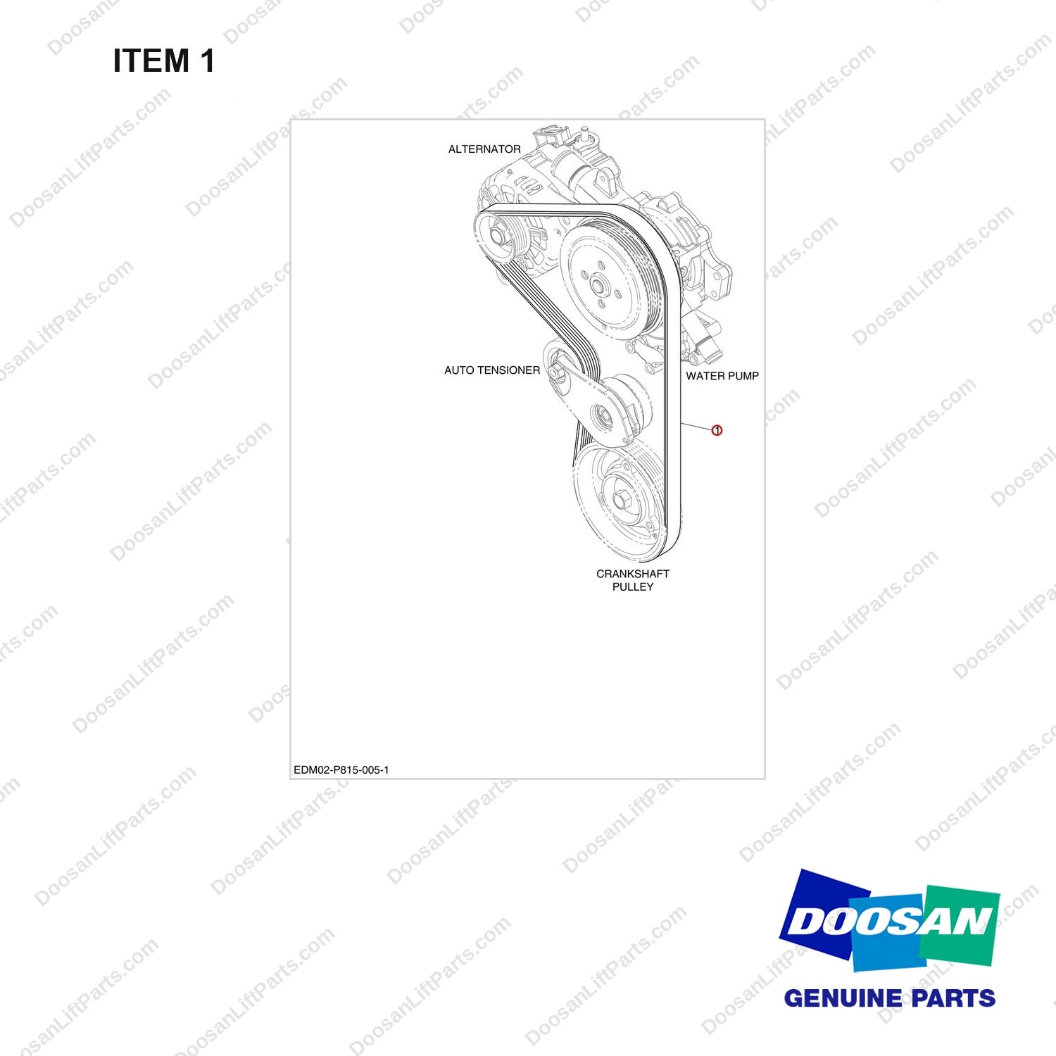 130205-01103 COOLING FAN BELT - full parts diagram, item 1 marked - genuine Doosan / Bobcat forklift part