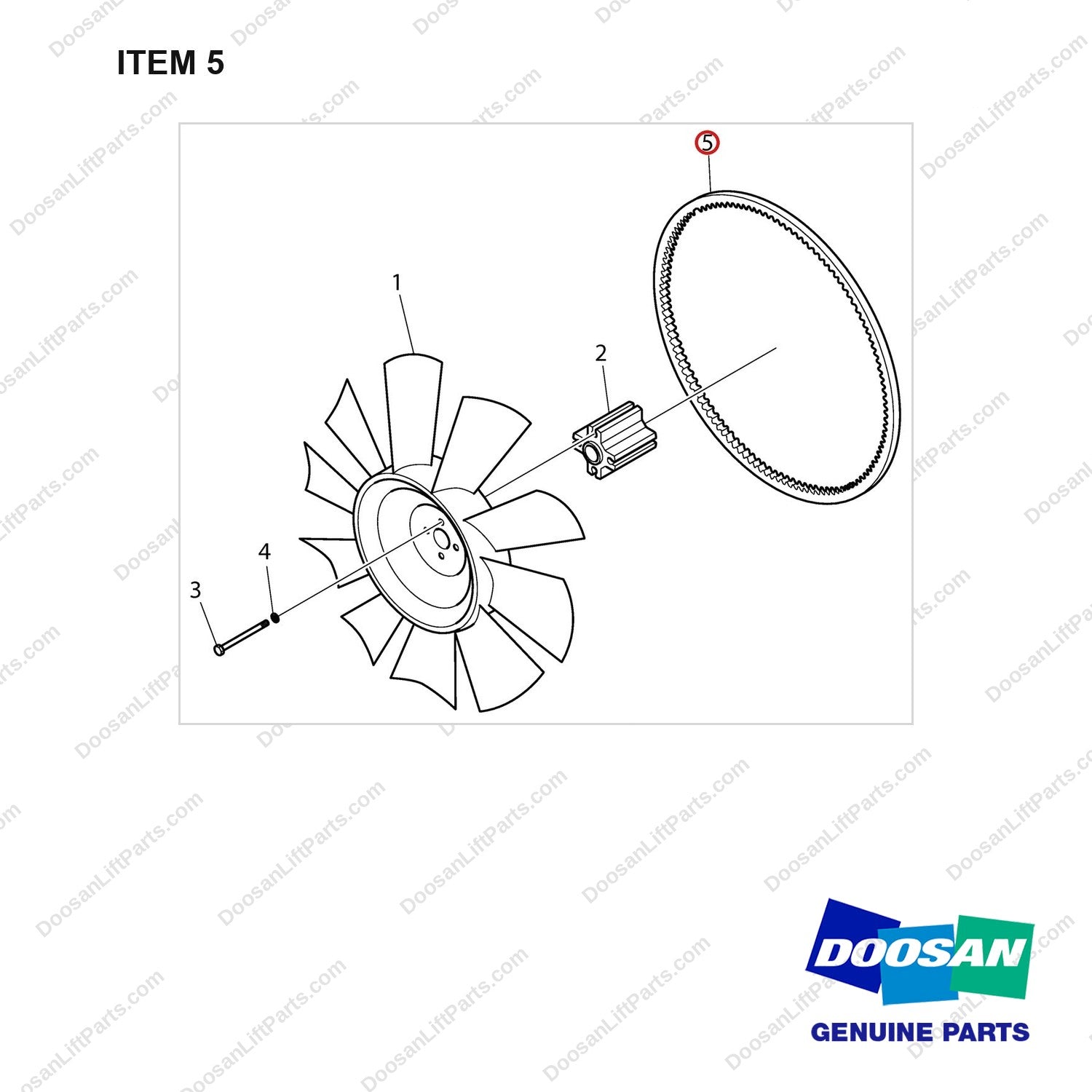 130205-01249 Cooling Fan - full parts diagram, item 5 marked - genuine Doosan / Bobcat forklift part