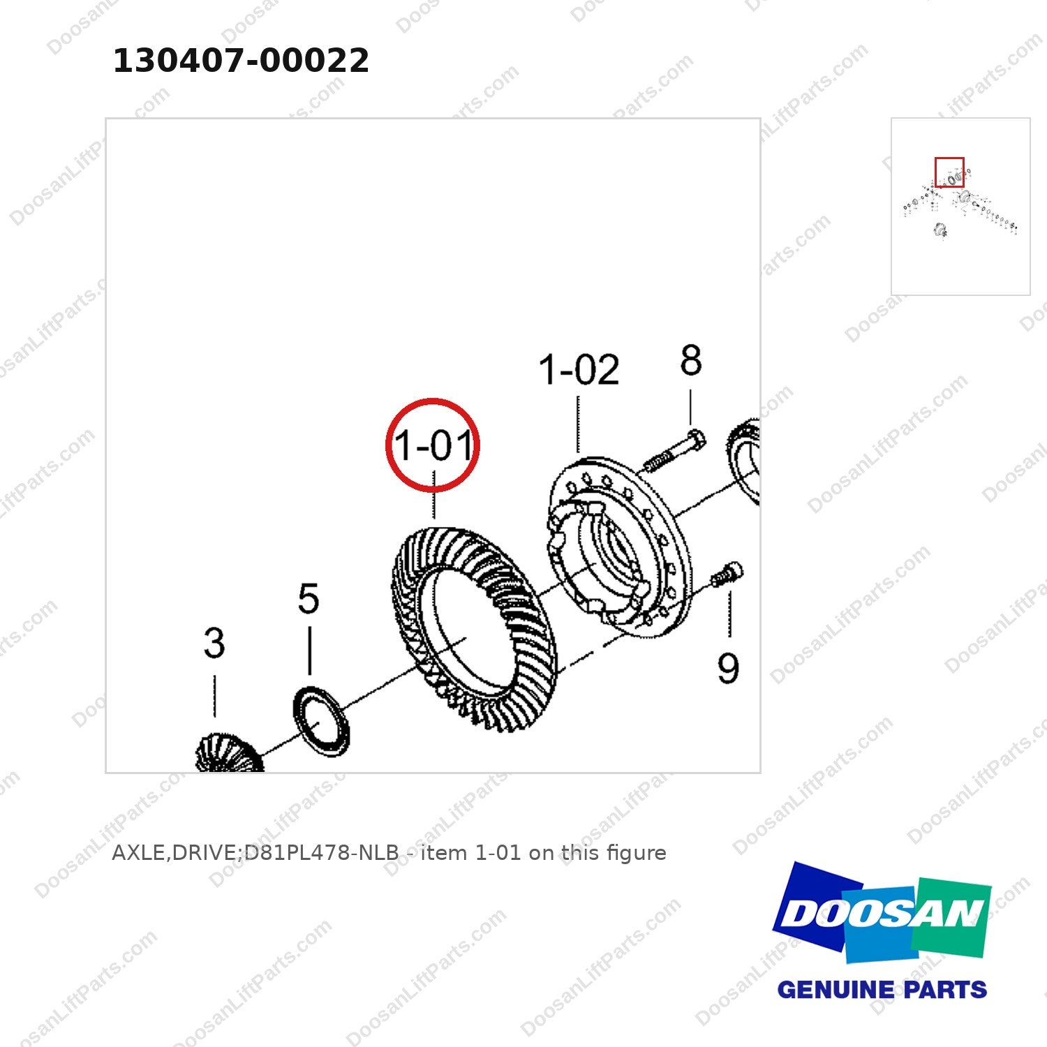130407-00022 AXLE,DRIVE;D81PL478-NLB - parts diagram, item 1-01 shown - genuine Doosan / Bobcat forklift part