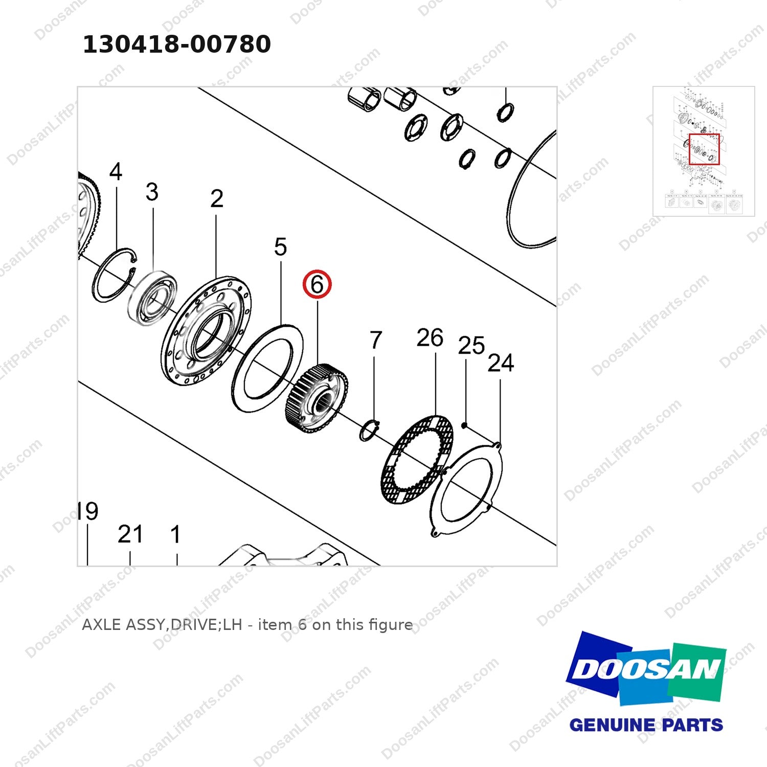 130418-00780 AXLE ASSY,DRIVE;LH - parts diagram, item 6 shown - genuine Doosan / Bobcat forklift part
