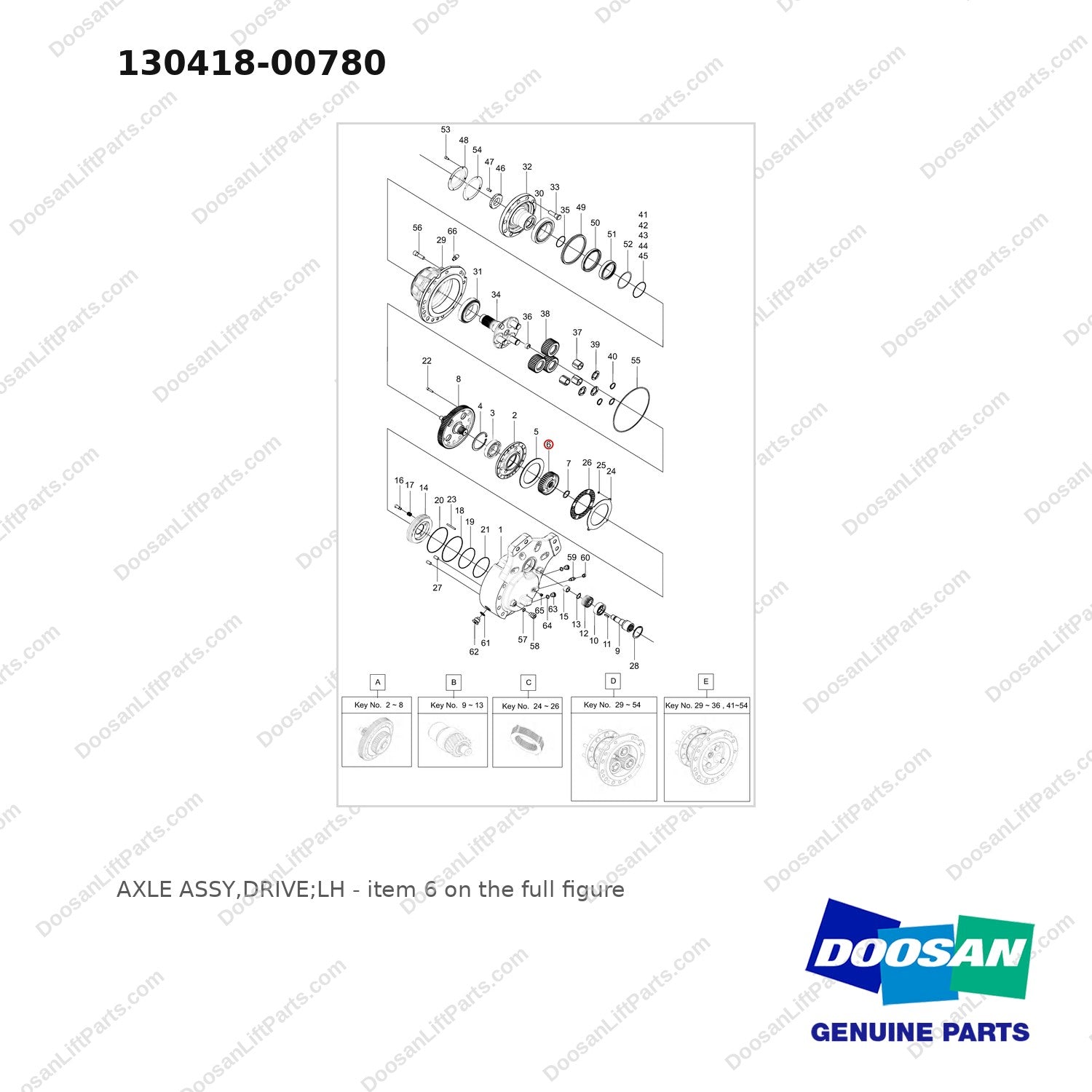 130418-00780 AXLE ASSY,DRIVE;LH - full parts diagram, item 6 marked - genuine Doosan / Bobcat forklift part