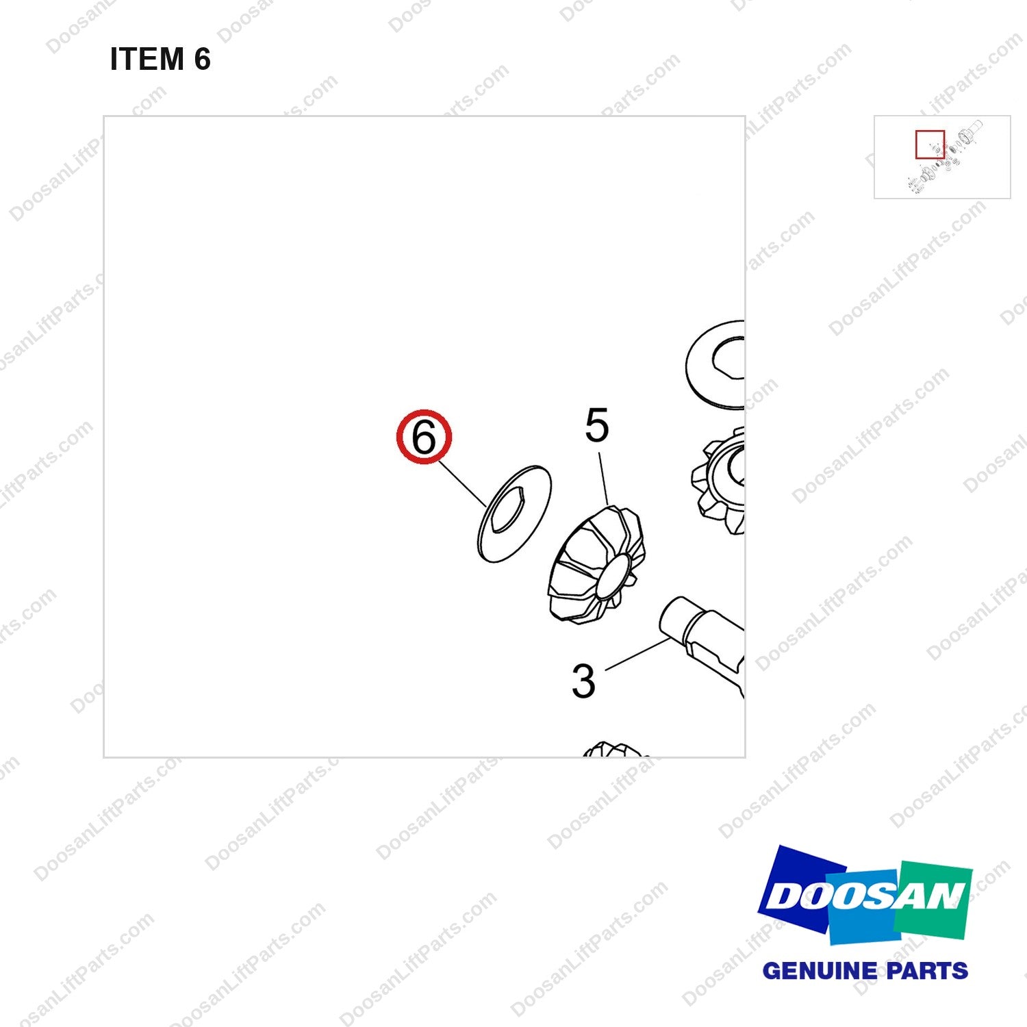 130418-01341 GEAR,DIFFERENTIAL;PAIR - parts diagram, item 6 shown - genuine Doosan / Bobcat forklift part