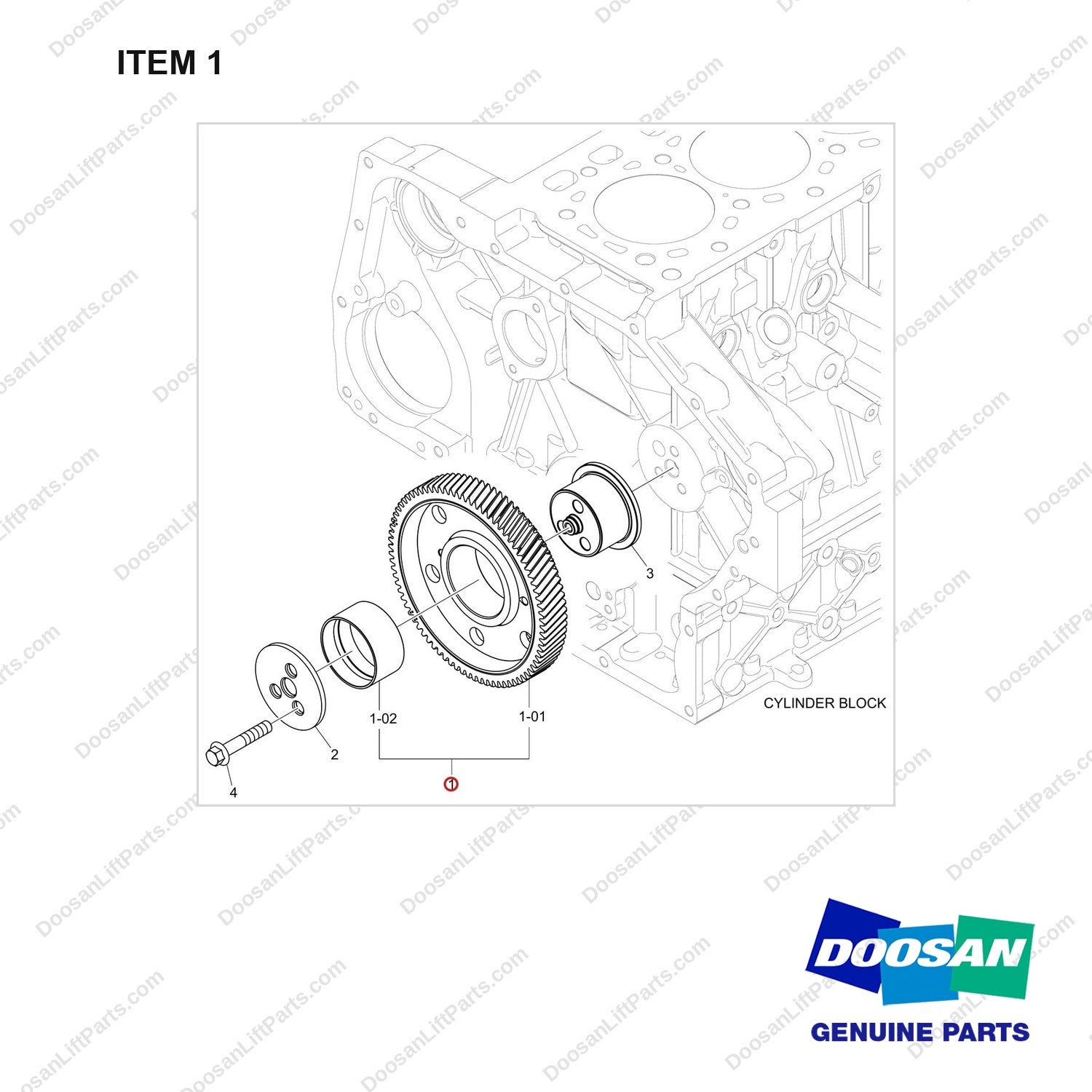 130428-00229B GEAR ASSY,IDLE;DN03,CAMSHAFT - full parts diagram, item 1 marked - genuine Doosan / Bobcat forklift part