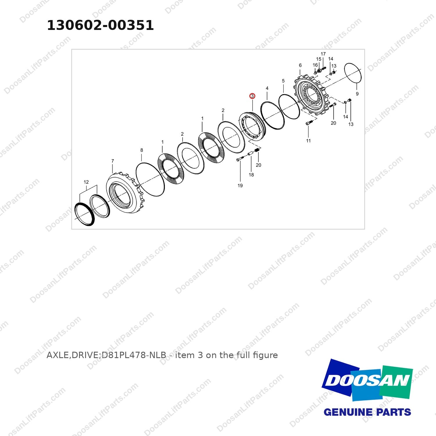130602-00351 AXLE,DRIVE;D81PL478-NLB - full parts diagram, item 3 marked - genuine Doosan / Bobcat forklift part
