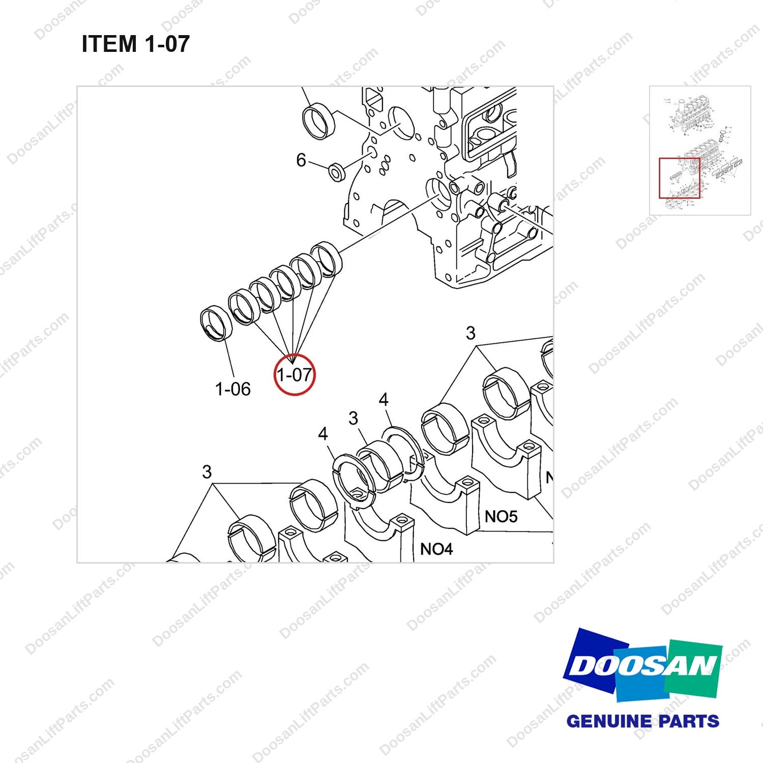 130702-00303 BLOCK,CYLINDER - parts diagram, item 1-07 shown - genuine Doosan / Bobcat forklift part