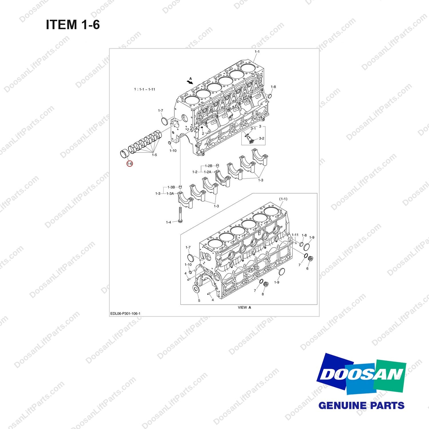 130702-00369 CYLINDER BLOCK - full parts diagram, item 1-6 marked - genuine Doosan / Bobcat forklift part