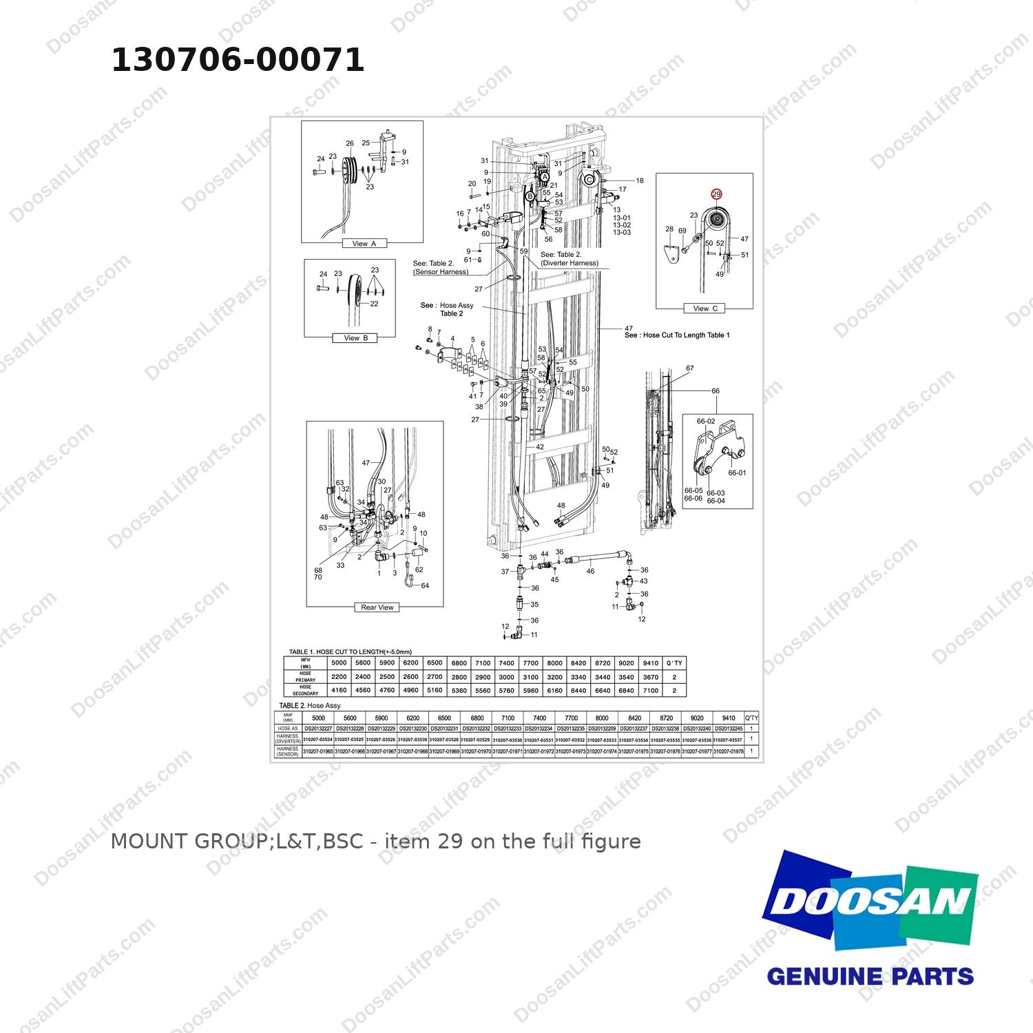 130706-00071 MOUNT GROUP;L&T,BSC - full parts diagram, item 29 marked - genuine Doosan / Bobcat forklift part