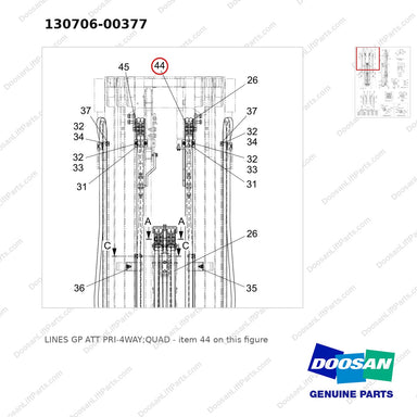 130706-00377 LINES GP ATT PRI-4WAY;QUAD - parts diagram, item 44 shown - genuine Doosan / Bobcat forklift part