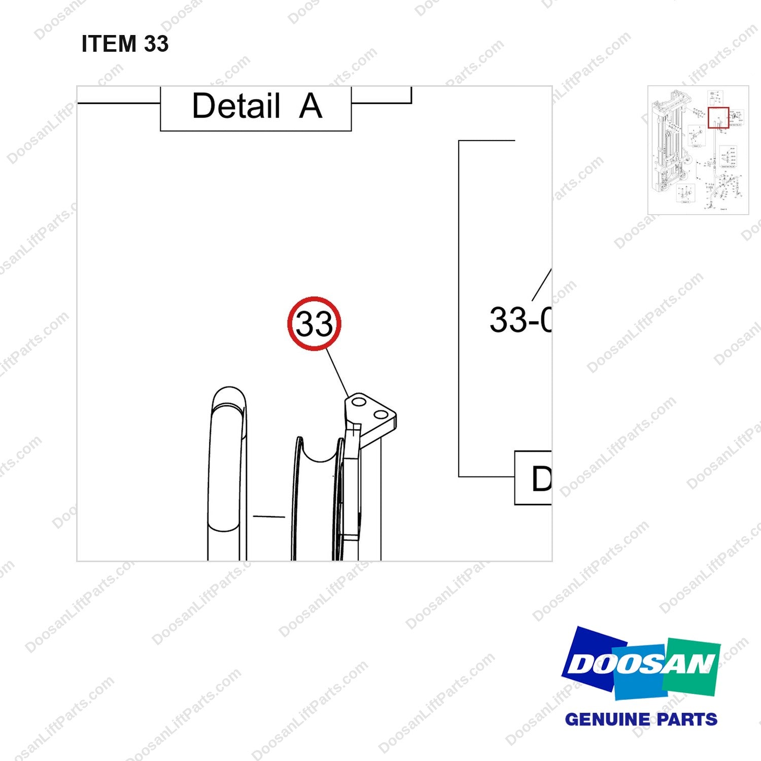 130706-00389 MOUNT GROUP;LIFT,FFT - parts diagram, item 33 shown - genuine Doosan / Bobcat forklift part