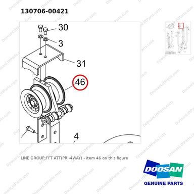 130706-00421 LINE GROUP;FFT ATT(PRI-4WAY) - parts diagram, item 46 shown - genuine Doosan / Bobcat forklift part