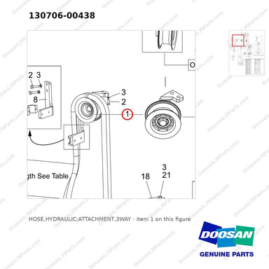 130706-00438 HOSE,HYDRAULIC;ATTACHMENT,3WAY - parts diagram, item 1 shown - genuine Doosan / Bobcat forklift part