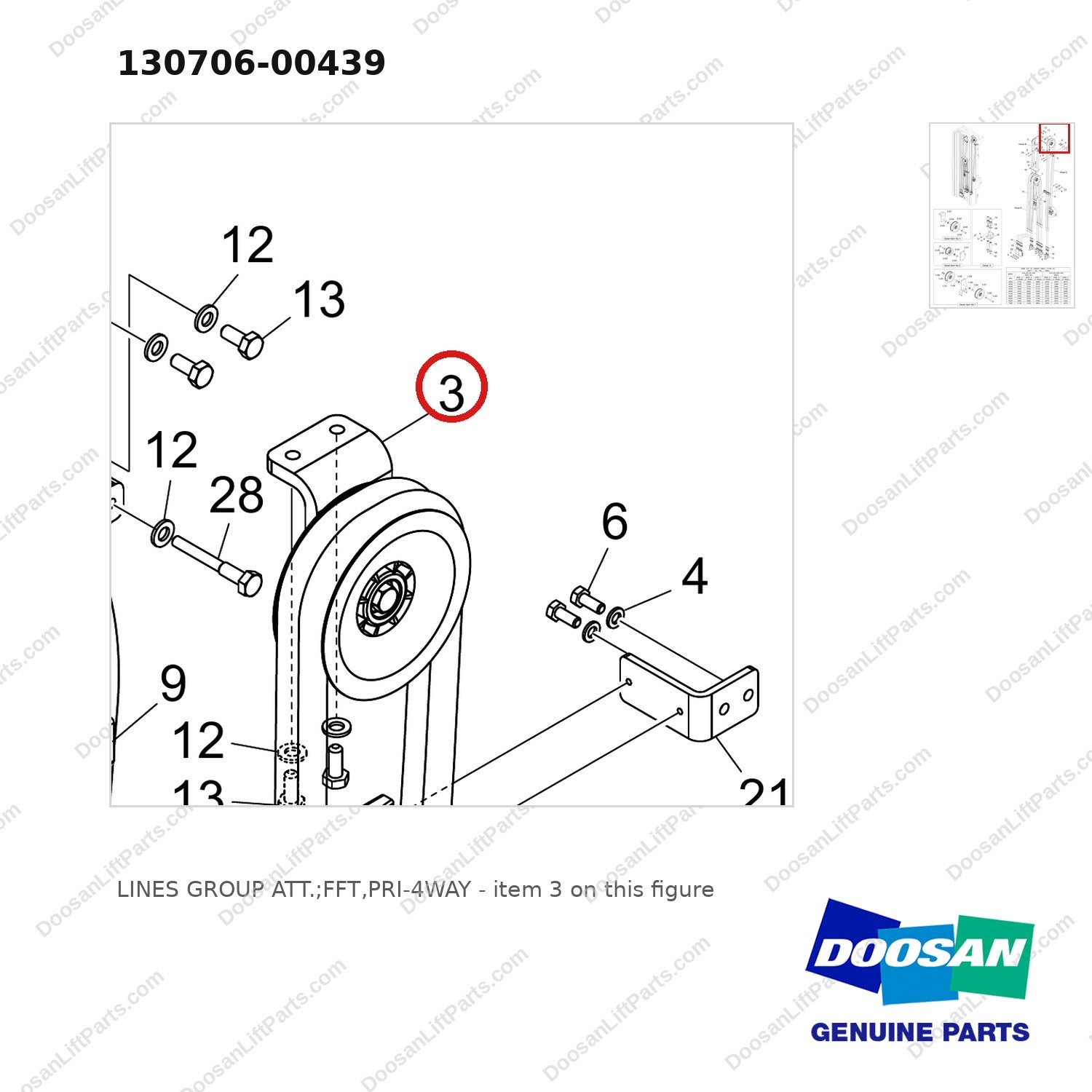 130706-00439 LINES GROUP ATT.;FFT,PRI-4WAY - parts diagram, item 3 shown - genuine Doosan / Bobcat forklift part