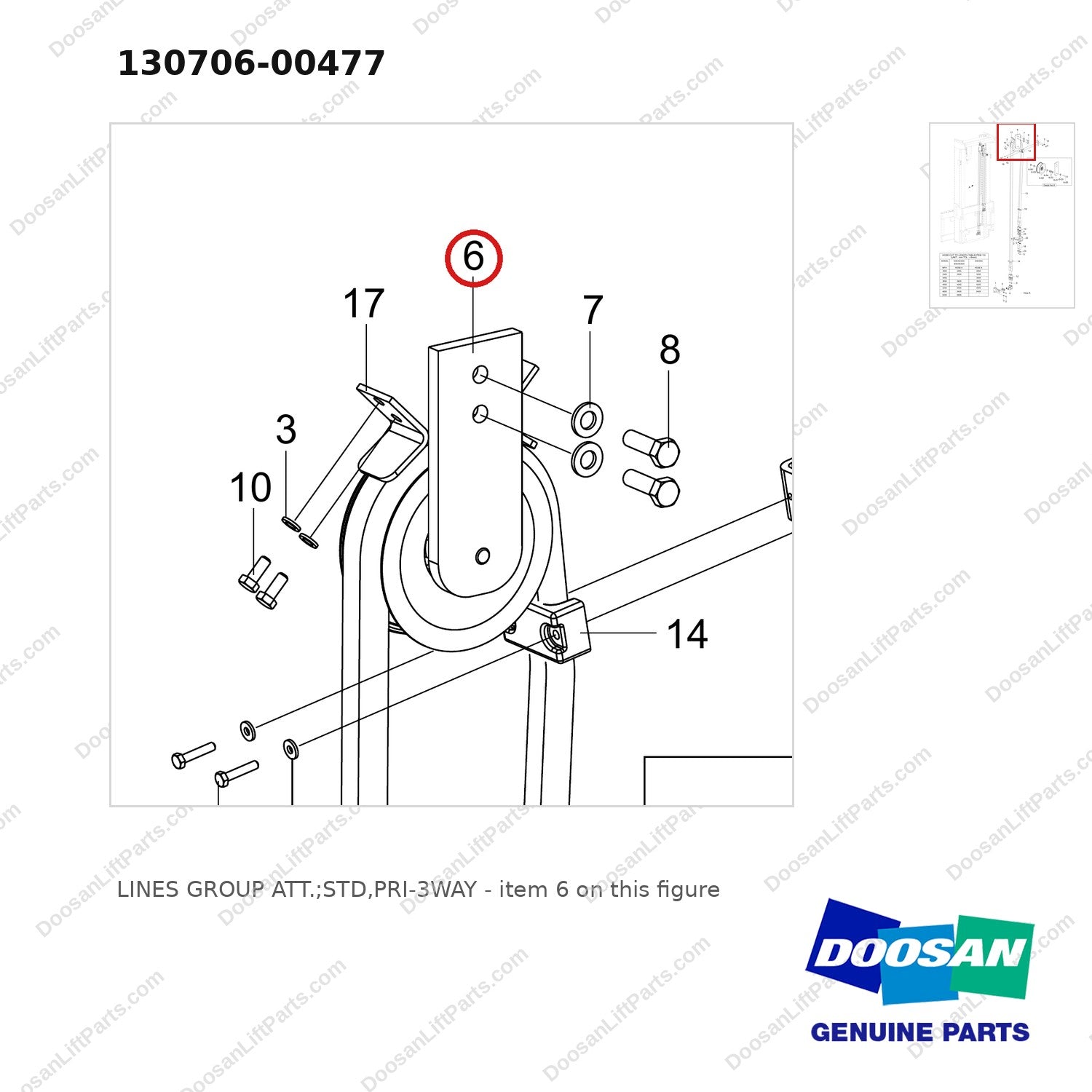 130706-00477 LINES GROUP ATT.;STD,PRI-3WAY - parts diagram, item 6 shown - genuine Doosan / Bobcat forklift part