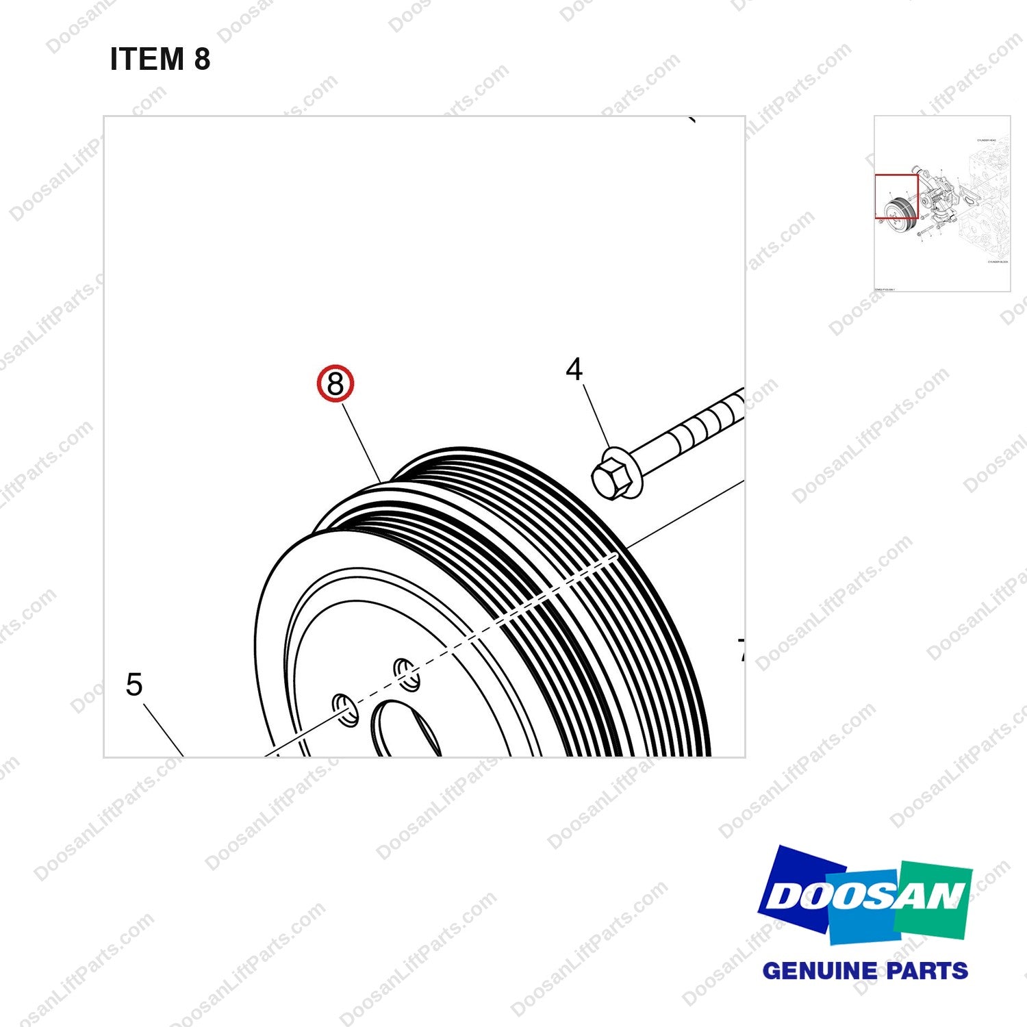 130707-00877A WATER PUMP - parts diagram, item 8 shown - genuine Doosan / Bobcat forklift part