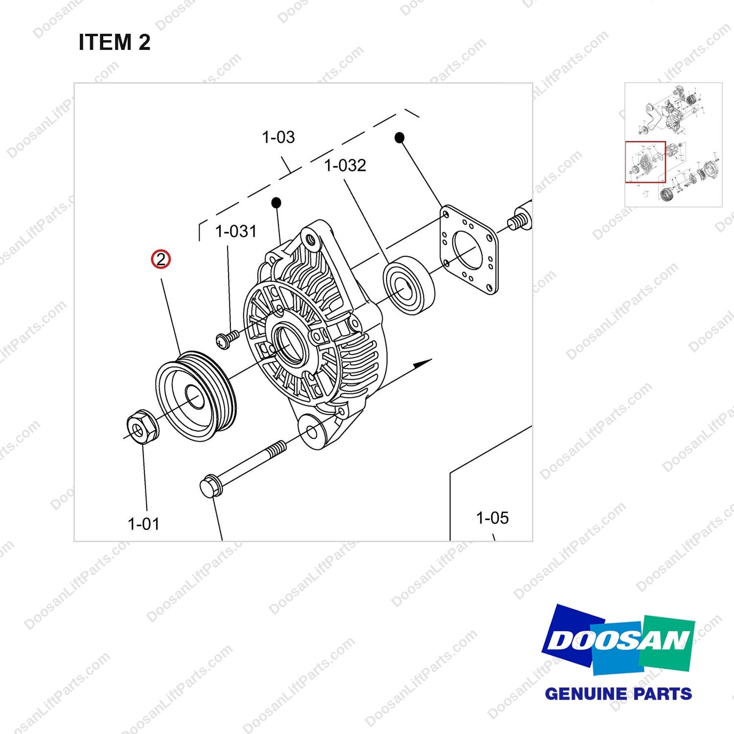 130707-00893 PULLEY & ALTERNATOR GP - parts diagram, item 2 shown - genuine Doosan / Bobcat forklift part