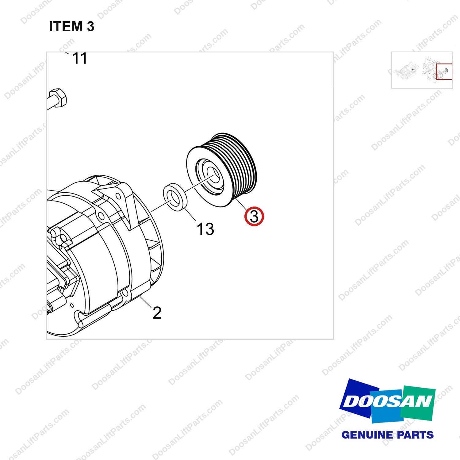 130707-00912 ALTERNATOR GP;DS D40S-9 T5 55KW - parts diagram, item 3 shown - genuine Doosan / Bobcat forklift part