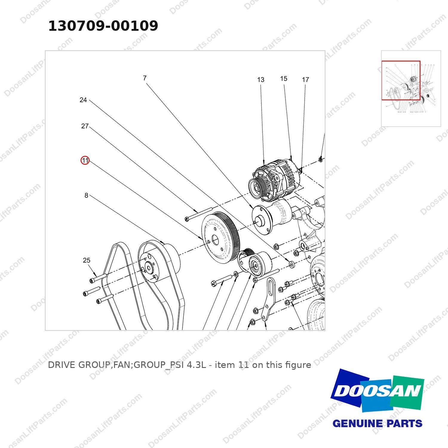 130709-00109 DRIVE GROUP,FAN;GROUP_PSI 4.3L - parts diagram, item 11 shown - genuine Doosan / Bobcat forklift part
