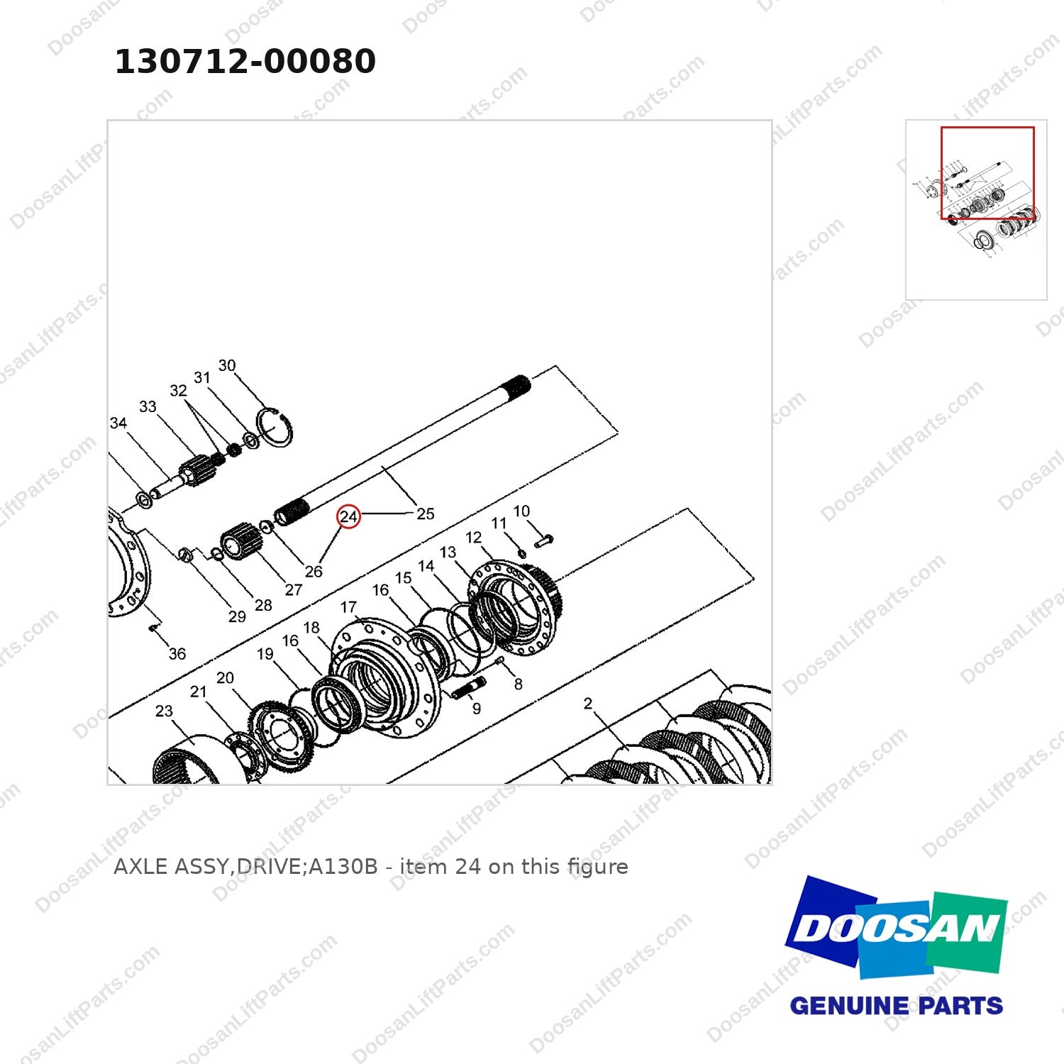 130712-00080 AXLE ASSY,DRIVE;A130B - parts diagram, item 24 shown - genuine Doosan / Bobcat forklift part