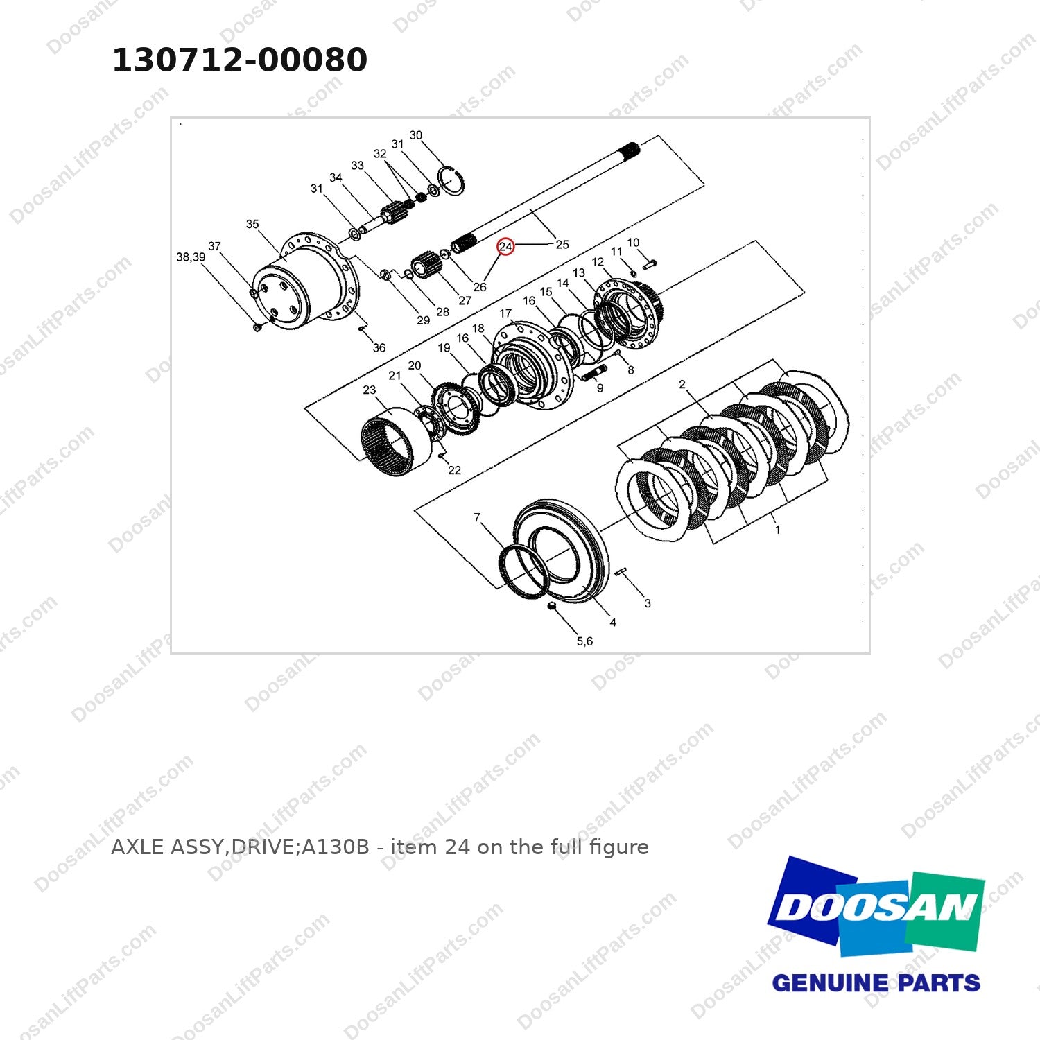 130712-00080 AXLE ASSY,DRIVE;A130B - full parts diagram, item 24 marked - genuine Doosan / Bobcat forklift part