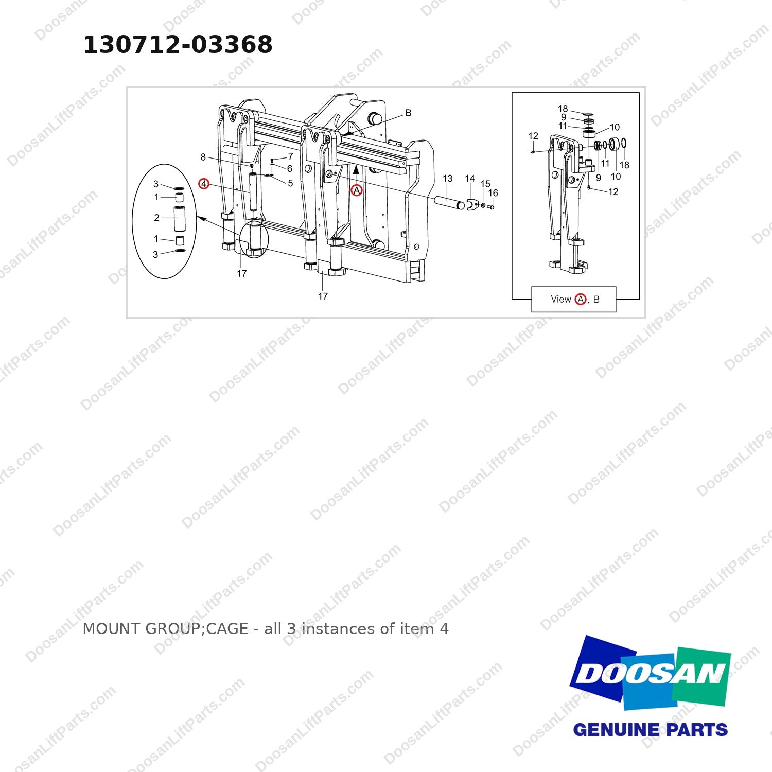 130712-03368 MOUNT GROUP;CAGE - full parts diagram, item 4 marked - genuine Doosan / Bobcat forklift part