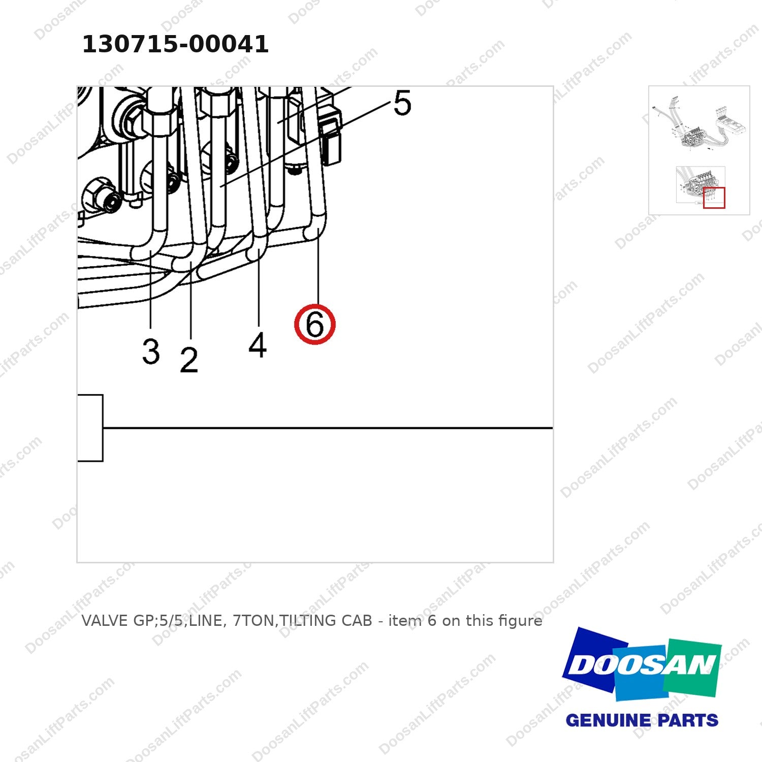 130715-00041 VALVE GP;5/5,LINE, 7TON,TILTING CAB - parts diagram, item 6 shown - genuine Doosan / Bobcat forklift part