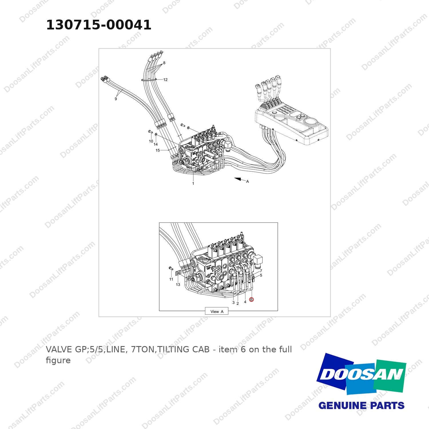 130715-00041 VALVE GP;5/5,LINE, 7TON,TILTING CAB - full parts diagram, item 6 marked - genuine Doosan / Bobcat forklift part