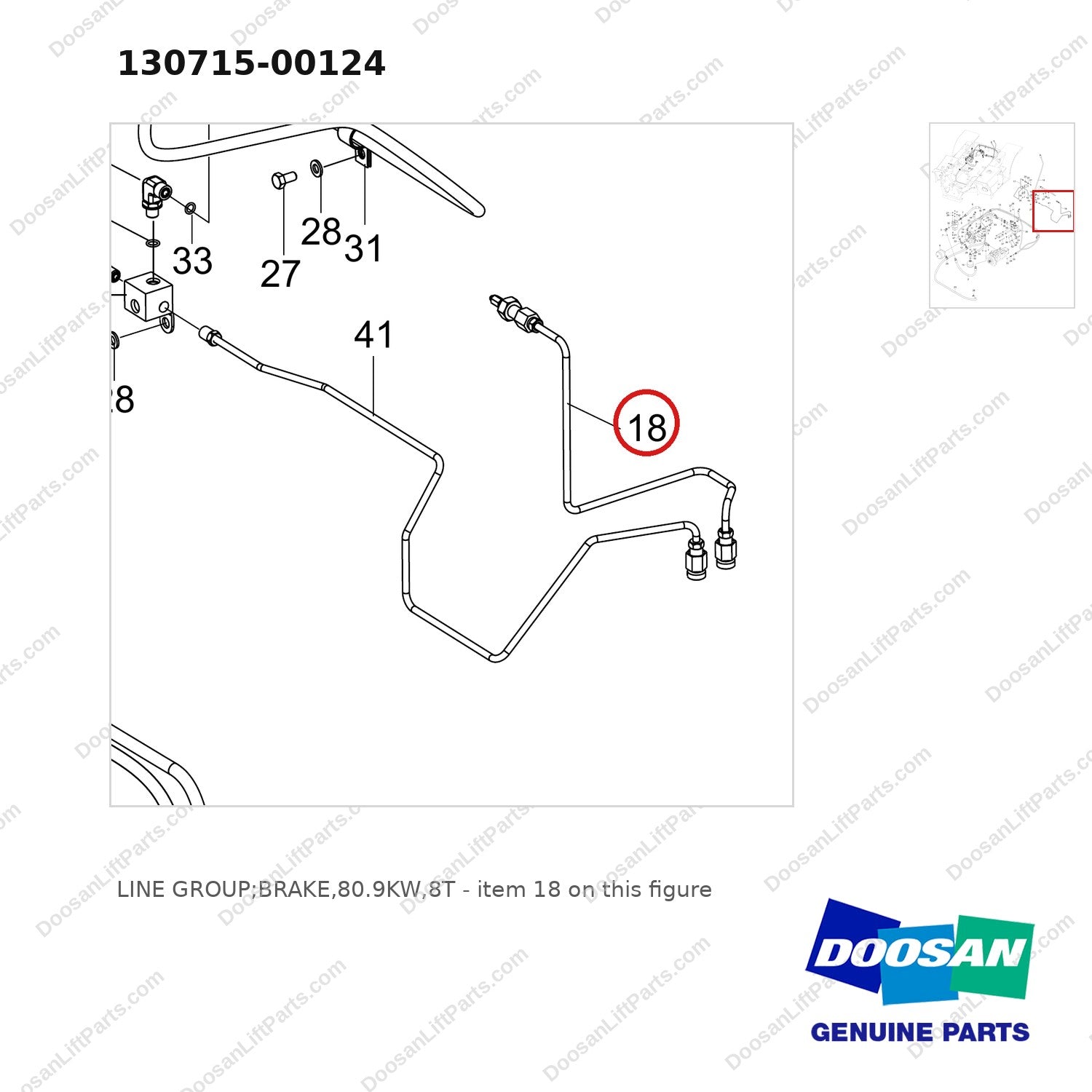 130715-00124 LINE GROUP;BRAKE,80.9KW,8T - parts diagram, item 18 shown - genuine Doosan / Bobcat forklift part