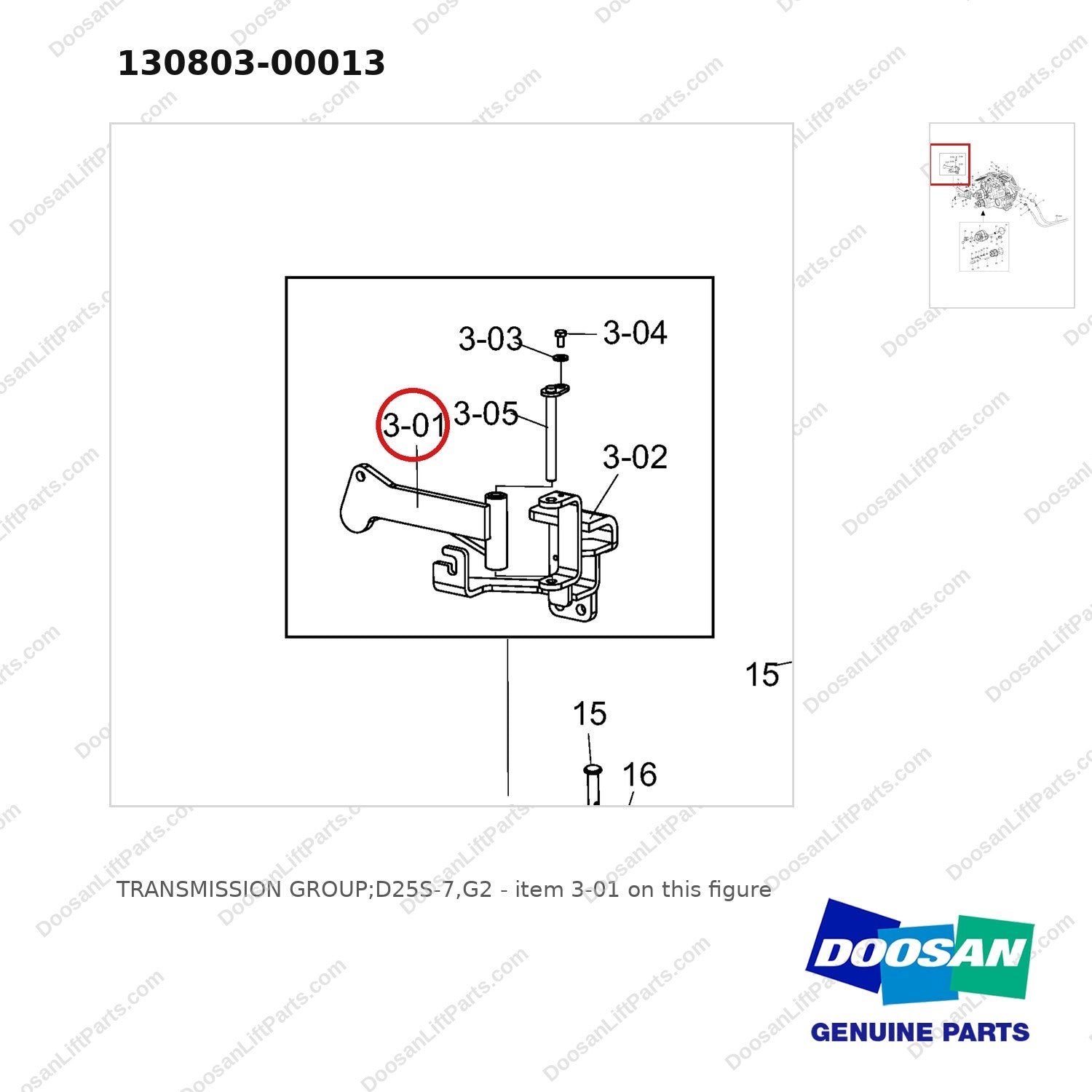 130803-00013 TRANSMISSION GROUP;D25S-7,G2 - parts diagram, item 3-01 shown - genuine Doosan / Bobcat forklift part