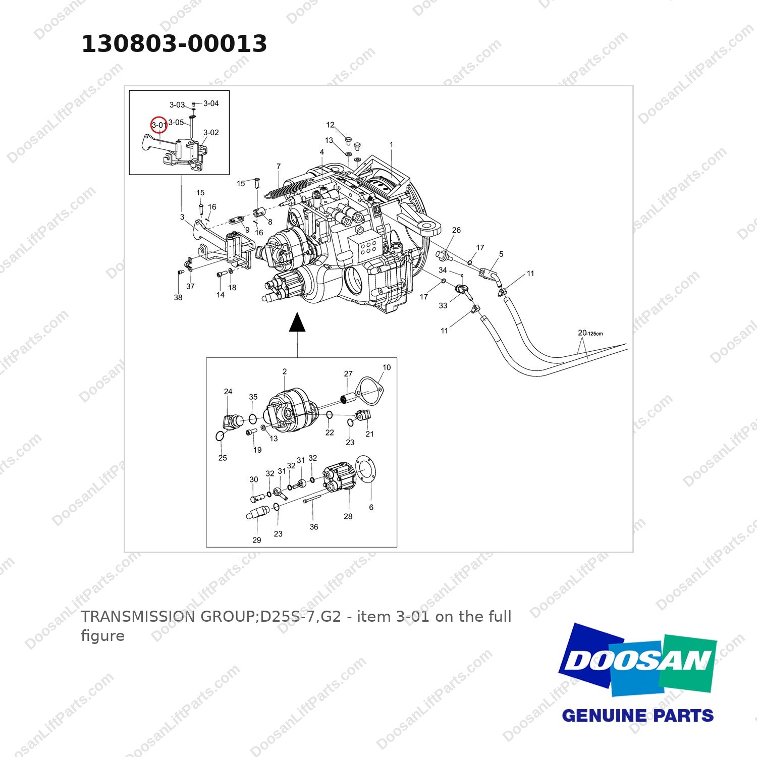 130803-00013 TRANSMISSION GROUP;D25S-7,G2 - full parts diagram, item 3-01 marked - genuine Doosan / Bobcat forklift part