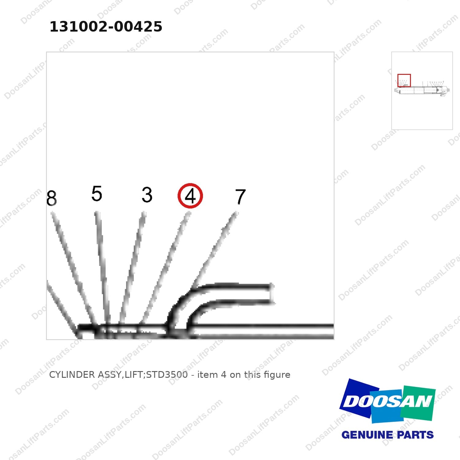 131002-00425 CYLINDER ASSY,LIFT;STD3500 - parts diagram, item 4 shown - genuine Doosan / Bobcat forklift part