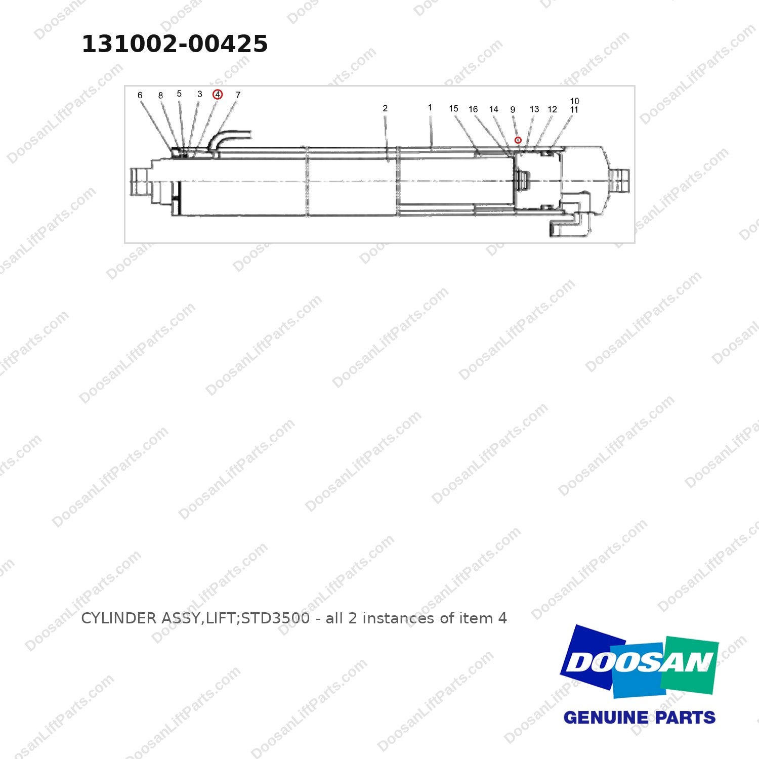 131002-00425 CYLINDER ASSY,LIFT;STD3500 - full parts diagram, item 4 marked - genuine Doosan / Bobcat forklift part