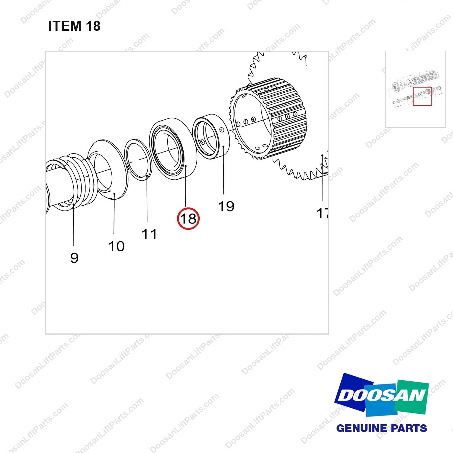 140101-01498 CLUTCH ASSY;REV - parts diagram, item 18 shown - genuine Doosan / Bobcat forklift part