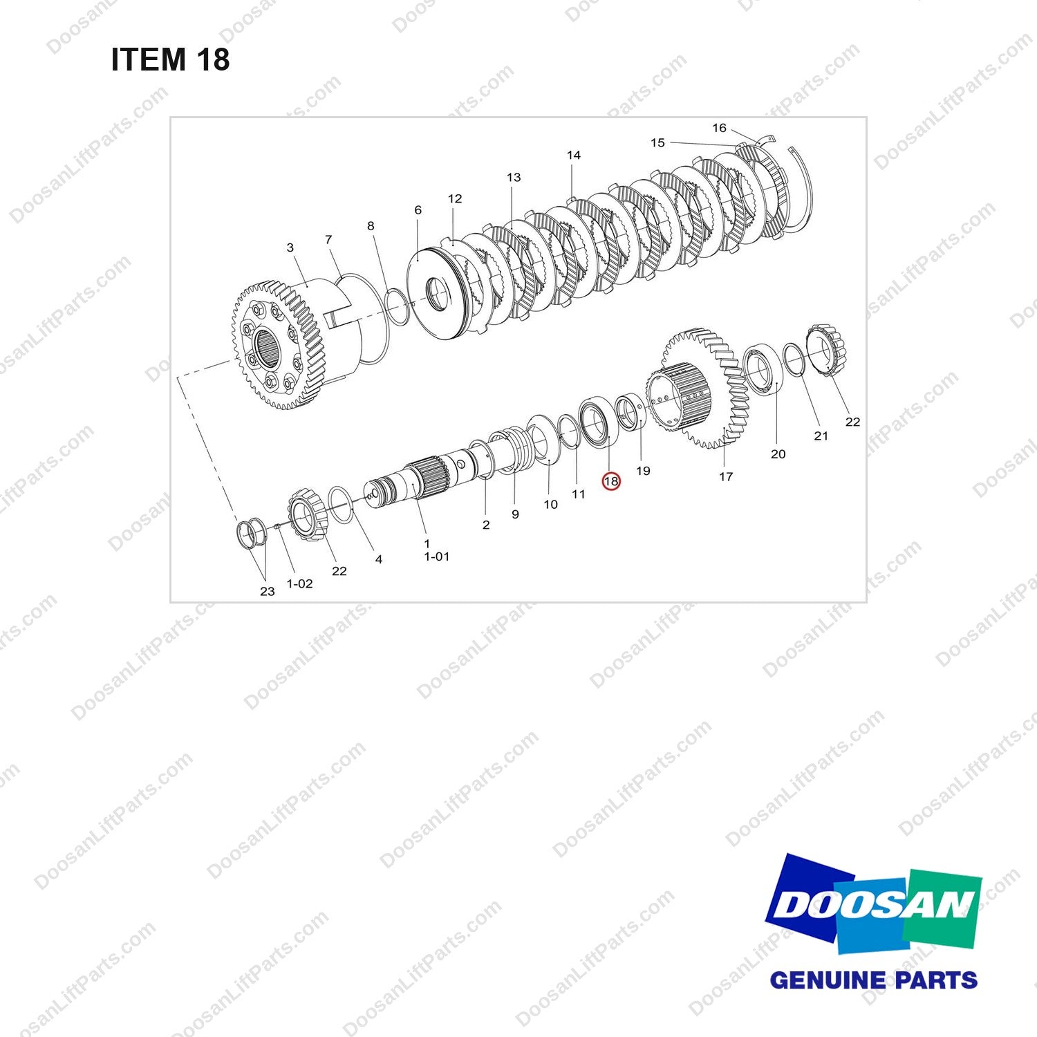 140101-01498 CLUTCH ASSY;REV - full parts diagram, item 18 marked - genuine Doosan / Bobcat forklift part