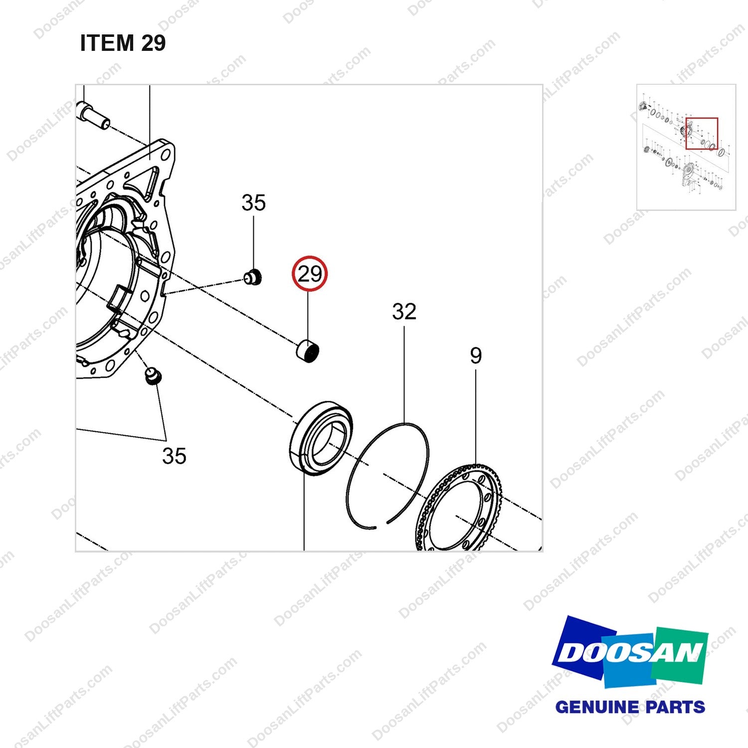 140101-01520 AXLE ASSY,DRIVE;RH - parts diagram, item 29 shown - genuine Doosan / Bobcat forklift part