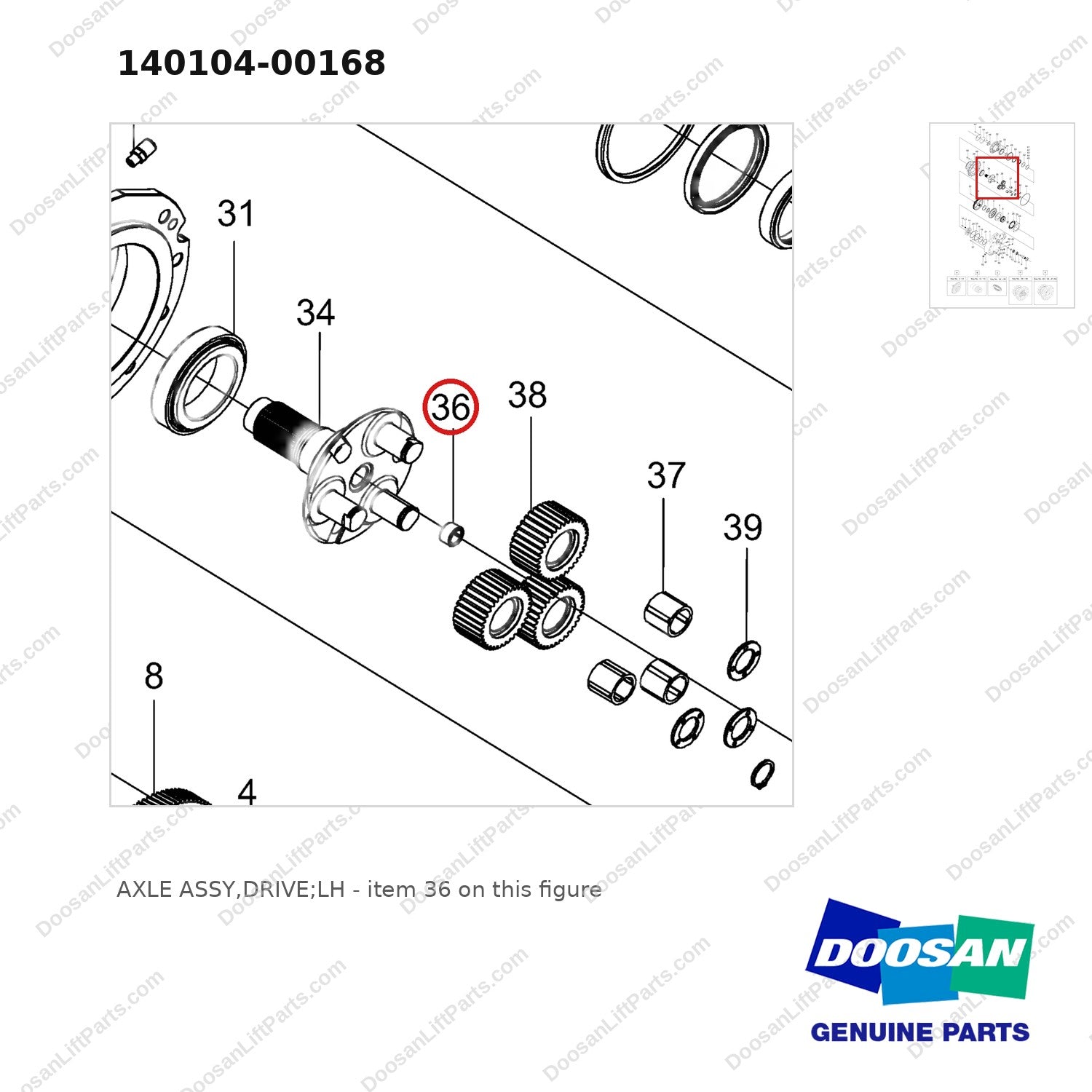 140104-00168 AXLE ASSY,DRIVE;LH - parts diagram, item 36 shown - genuine Doosan / Bobcat forklift part