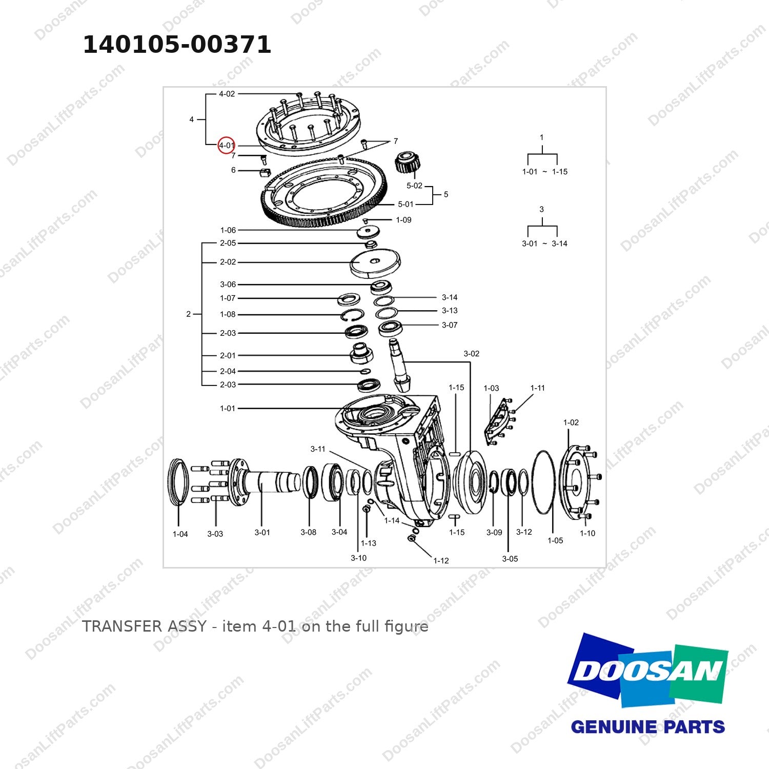 140105-00371 TRANSFER ASSY - full parts diagram, item 4-01 marked - genuine Doosan / Bobcat forklift part
