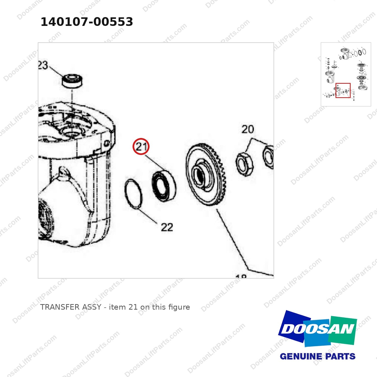 140107-00553 TRANSFER ASSY - parts diagram, item 21 shown - genuine Doosan / Bobcat forklift part